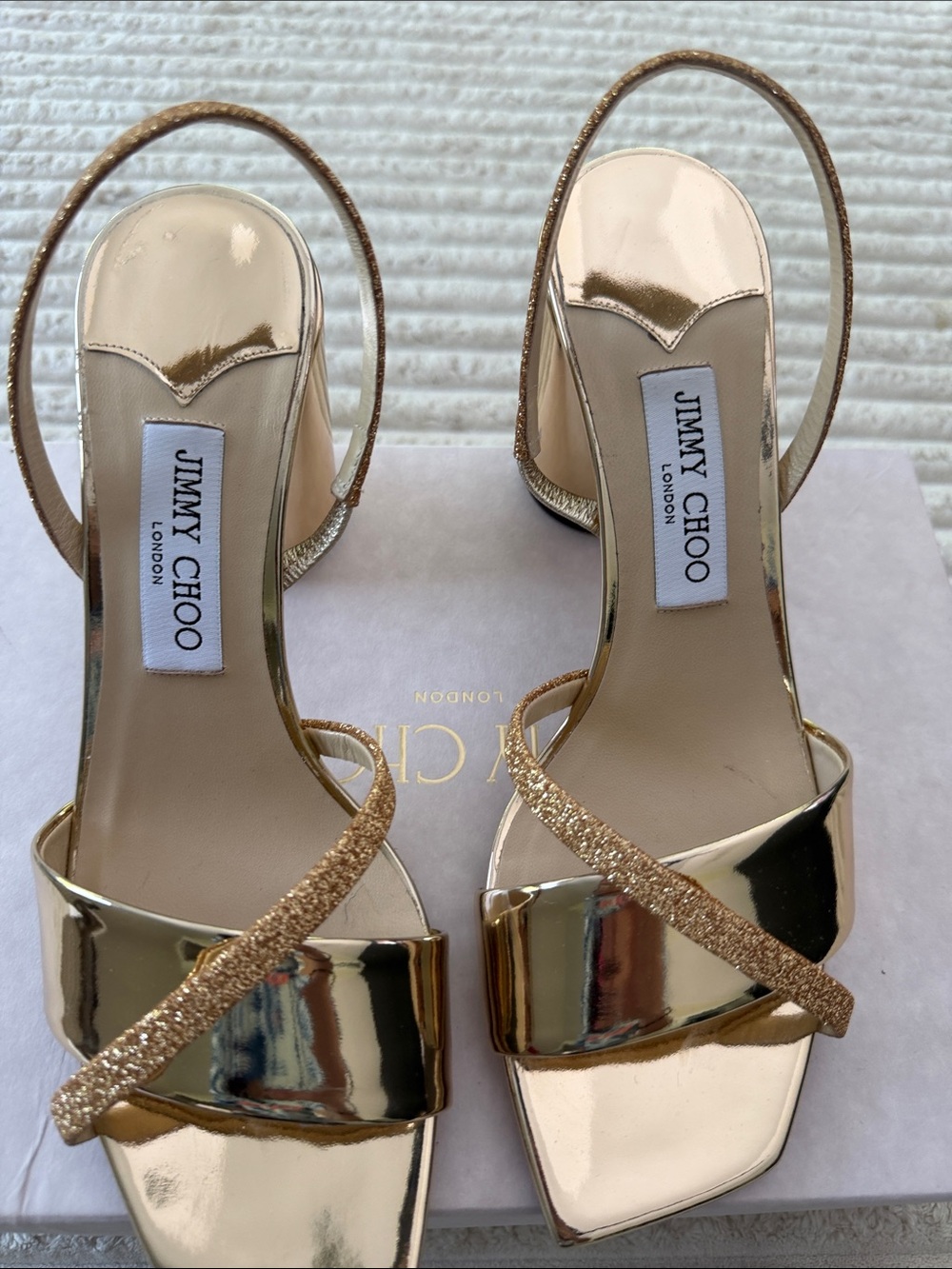 Jimmy Choo Gold Mirror Metallic Heel Sandals with Glitter Strap - Picture 2 of 7